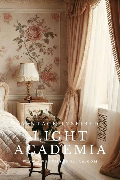 Light Academia Aesthetic: The Ultimate Decorating Guide - Sweet Magnoliaa Light Academia Aesthetic Bedroom Ideas, Light Academia Home Office, Romantic Academia Bedroom, Soft Academia Aesthetic Room, Light Academia Bedroom Aesthetic, Light Academia Aesthetic Bedroom, Gold Academia, Academia Bedroom Aesthetic, Light Academia Aesthetic Room