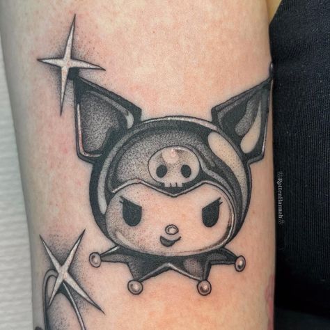 Sanrio Sleeve Tattoo, Kuromi Tattoo Design, Tattoos After Pregnancy, Kuromi Tattoo, Sanrio Tattoos, Karma Tattoo, Hello Kitty Tattoos, Sigil Tattoo, Devil Tattoo