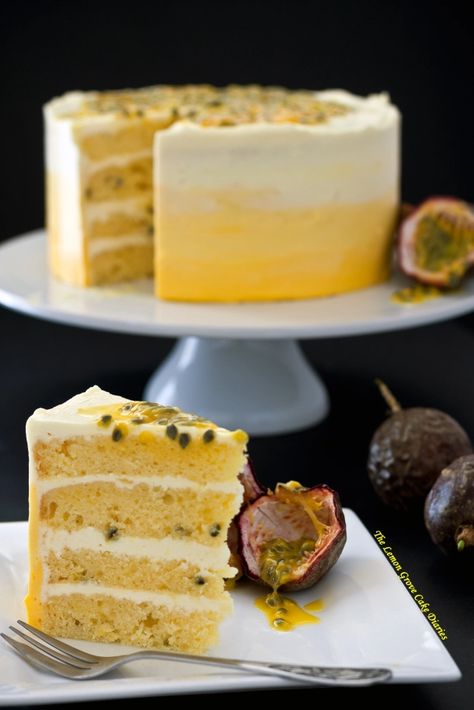 Fruit Cake Filling, Passionfruit Cake, Passion Fruit Cake, Offset Spatula, Passionfruit Recipes, A Slice Of Cake, Hot Cake, Cake Filling, Gourmet Cakes