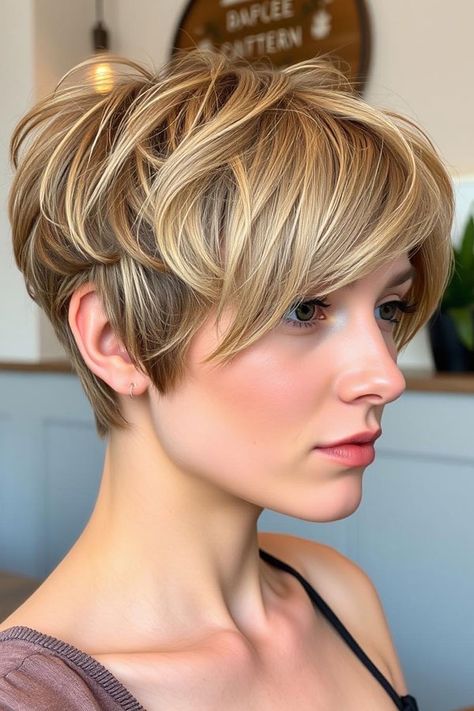 Golden Tousled Layered Pixie, Pixie Hairstyle for Modern women Honey Blonde Pixie Cut, Short Hair 40, Curled Pixie, Pixie Haircuts For Women, Layered Pixie, Golden Blonde Highlights, Layered Bob Haircuts, Edgy Haircuts, Blonde Curls