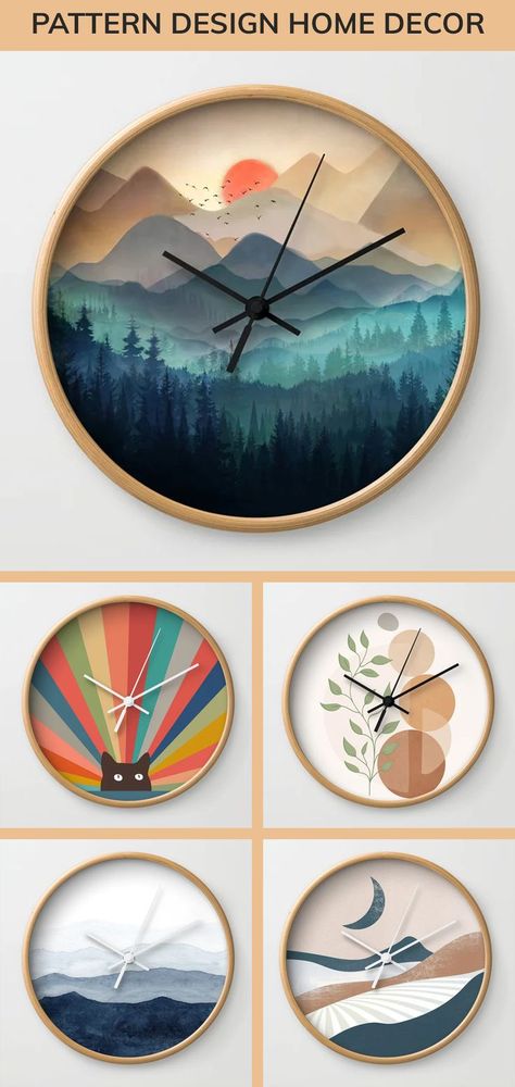 Get these wall clock with wooden frame that will not only keep you on time but also uplift your wall decor. wooden frame wall clock with frame available in natural wood, black or white. Clocks available in all styles. There is one for you. wall clock modern, geometric, floral, abstract, boho, etc designs. 
wall clock modern, mid century modern wall clock living rooms, wall clock bedroom, wall clock bedroom decor, wall clock kitchen, Society6 wall clock, wall clock office, wall clock office decor Diy Wall Clock Ideas Paint, Wall Clock Boho, Painted Clock Diy, Acrylic Clock Design, Painting Clock Ideas, Unique Clock Design, Painted Clock Face, Wooden Clock Ideas Unique, Diy Clock Painting Ideas