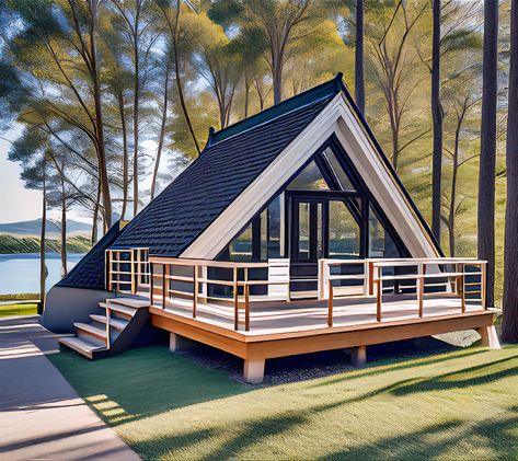 Prefab Wooden A-Frame Cabin Features A Frame Cabins, Wide Windows, House By The Sea, A Frame Cabin, Traditional Building, A Frame House, Cabin Design, Tiny House Design, Aesthetic Design