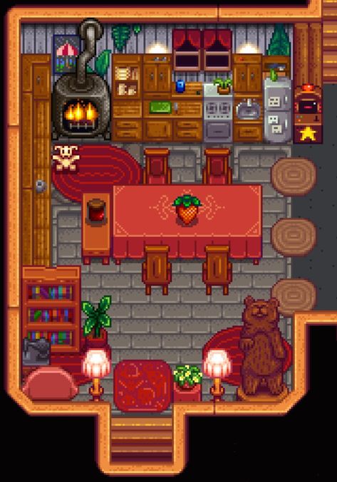 Stardew Chest Room, Stardew Valley Kitchen Ideas, Stardew Valley Interior Design No Mods, Stardew Valley Kitchen Design, Stardew Valley Kitchen, Stardew House, Stardew Ideas, Stardew Valley Layout, Stardew Valley Tips