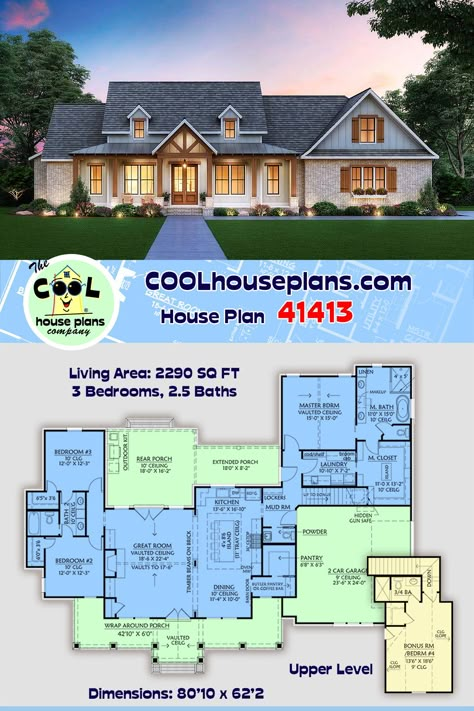 New farmhouse style house plan with almost 2300 square feet of heated living space. A 3-bedroom country living home design with a wrap-around covered porch. The large master suite has access to the covered rear porch and outdoor kitchen. The generously sized kitchen has a large center island and overlooks the vaulted great room. Bedrooms 2 and 3 share a Jack-n-Jill bathroom. The wrap around porch is incredible and likely the reason this home design is already popular. House With Screened In Porch, House Plans With Screened Porch, Farmhouse House Plans One Story, Floor Plans With Basement, House Plans With Basement, New Home Plans, Cool House Plans, Southern Style Home, Southern Style House Plans