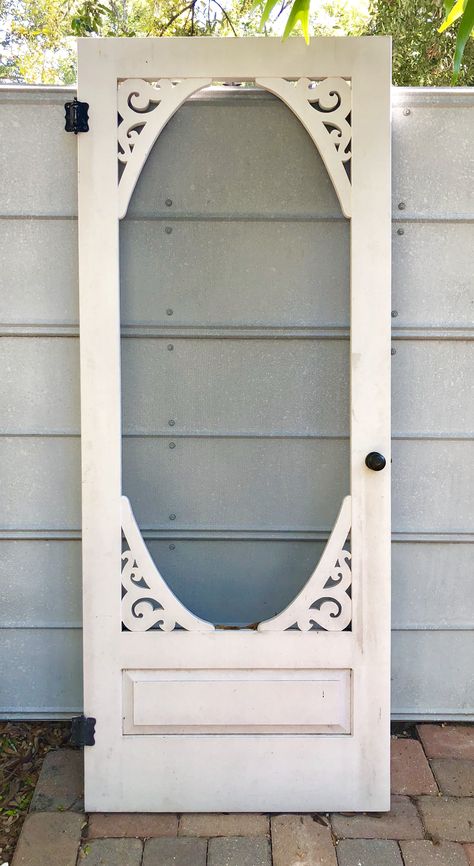 Vintage wooden screen door with hardware. Diy Old Screen Door Ideas, Diy Screen Doors For Front Door, Country Screen Doors, Pantry Screen Door Ideas Farmhouse Style, Screen Door Inside House, Front Storm Door Ideas, Vintage Screen Door, Screen Door Ideas, Backyard Door