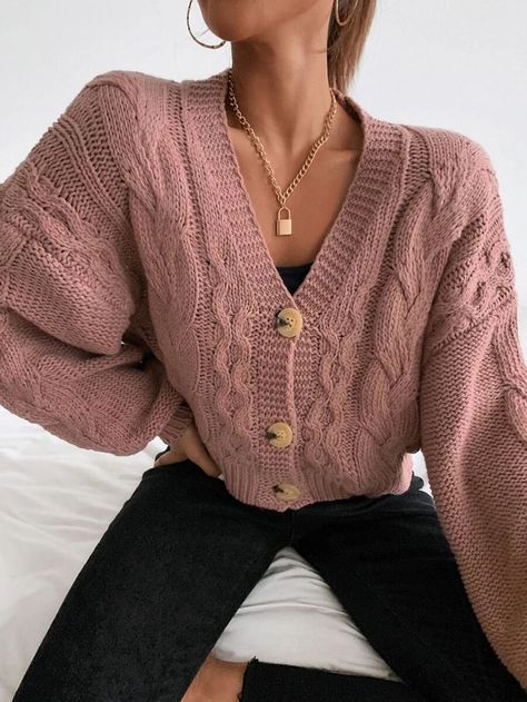 Cable Knit Drop Shoulder Cardigan Short Sweater Outfit, Short Cardigan Outfit, Dusty Pink Outfits, Pink Cardigan Outfit, Long Sleeve Dress Outfit, Knit Cardigan Outfit, Cardigan Tutorial, Breezy Outfit, Drop Shoulder Cardigan