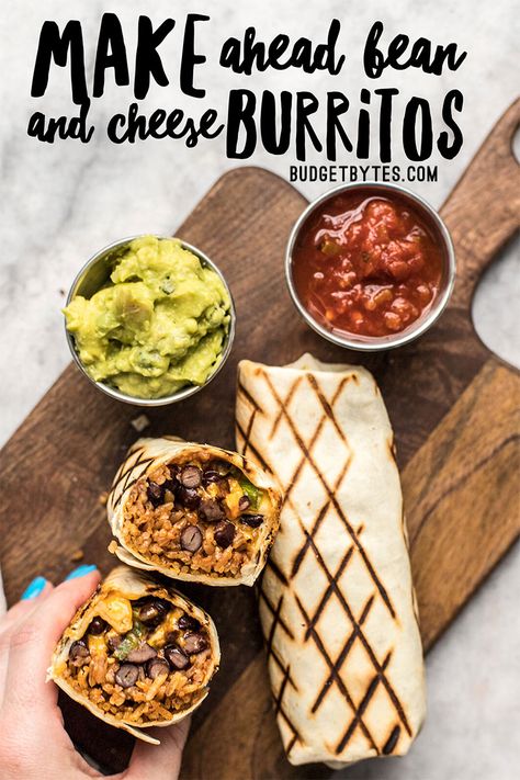 Perfect for stashing in the freezer, these Make Ahead Bean and Cheese Burritos will save you on busy weeknights! Bean And Cheese Freezer Burritos, Freezer Bean Burritos, Bean And Cheese Burrito Freezer, Healthy Freezer Burritos, Freezer Bean And Cheese Burritos, Freezable Burritos, Vegetarian Freezer Meals Make Ahead, Camping Burritos, Make Ahead Burritos