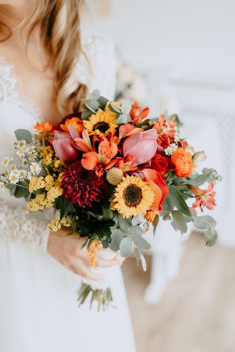 Yellow And Orange Bridal Bouquet, Fall Wedding Flowers With Sunflowers, Yellow Red Bouquet, Sunflower And Orange Bouquet, Sunflowers And Orange Roses, Fall Bouquet Sunflower, Wildflower Bouquet Orange, Sunflower And Orange Rose Bouquet, Dahlia Wildflower Bouquet