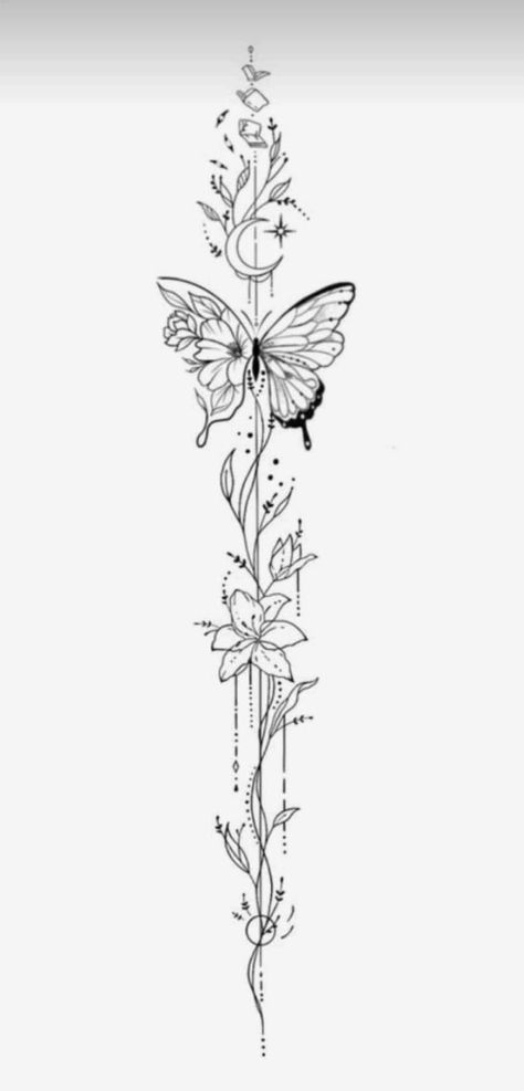 Butterfly And Flower Tattoo Back, Floral Butterfly Spine Tattoo, Space Themed Spine Tattoo, Spine Tattoos Template, Body Placement For Tattoos, Fine Line Big Tattoo, Feminine Calf Tattoos For Women, Tattoo Designs Simple Unique, Filler Sleeve Tattoo Ideas