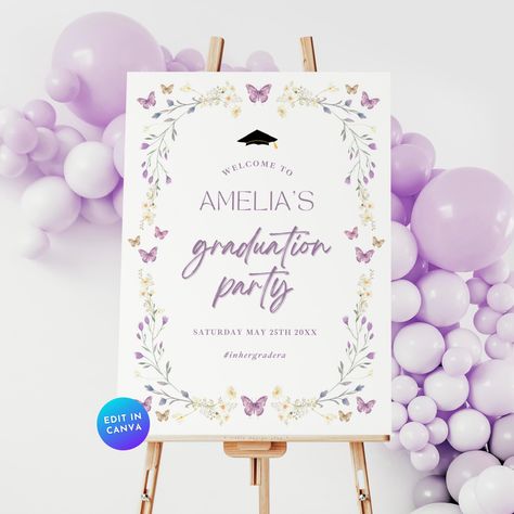 Butterfly Graduation Welcome Sign, Purple Lilac Wildflower Graduate Yard Sign Large Poster Entrance Board, Boho Floral Grad Party Decor GR11 Floral Grad Party, Entrance Board, Graduation Welcome Sign, Purple Graduation, Grad Party Decor, Photo Opportunity, Grad Party Decorations, Love Coupons, Create Memories