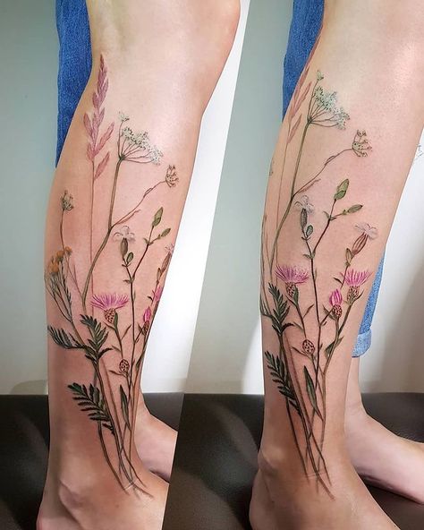 Flower Tattoo Long Stem, Long Stem Flower Tattoo Leg, Marsh Tattoo Ideas, Long Stemmed Flower Tattoo, Calf Flower Tattoo, Long Stem Flower Tattoo, Flower Calf Tattoo, Herbs Tattoo, Marsh Tattoo