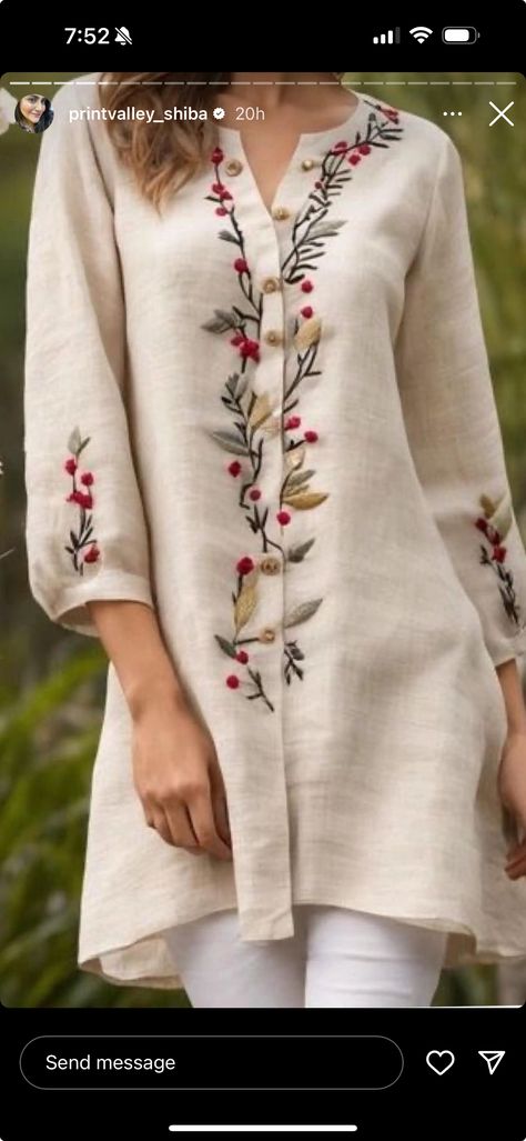 Tunic And Pants, Clothes Embroidery Diy, Simple Hand Embroidery Patterns, Hand Embroidery Dress, Embroidery On Kurtis, Trendy Shirt Designs, Kurti Embroidery Design, Dress Design Patterns, Kurta Designs Women