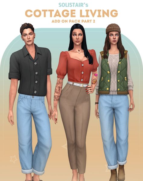 Sims 4 Cc Farm Clothes Male, Sims 4 Add Ons, Sims 4 Cottage Living, Sims 4 Male, Sims 4 Cottage, Sims 4 Male Clothes, Farm Clothes, Packing Clothes, Sims 4 Dresses