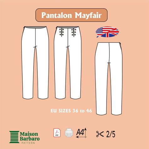 Mayfair straight pants, european sizes 36 to 46 - PDF sewing pattern by Maison Barbaro - Print at home digital pattern Sailor Trousers, Unique Sewing Patterns, Diy Skirts, Diy Pants, Trouser Pattern, Sewing Skirts, Straight Trousers, Pants Pattern, Pdf Sewing Patterns