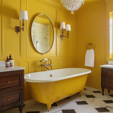 Yellow tub with ornate legs, serving as a luxurious centerpiece in the washing room Yellow Powder Room, Refinished Clawfoot Tub, Yellow Bathtub, Typical American House, Art Deco Flooring, Bathroom Yellow, Washing Room, Art Deco Ideas, Art Deco Elements