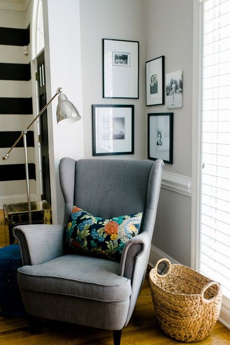 reading chair, corner nook, pharmacy lamp, wingback, navy striped wall, fun patterned pillow Reading Chair Corner, Strandmon Ikea, Emily Clark, Small Chair For Bedroom, Bedroom Corner, Deco Retro, Reading Chair, Corner Chair, Reading Corner