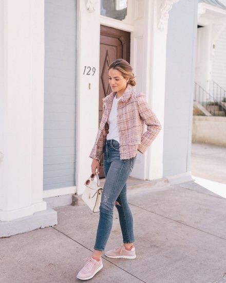 Gal Meets Glam Daily Look 3-2-18  #shopthelook #SpringStyle Feminine Outfit With Sneakers, Styling Pink Sneakers, Rose Sneakers Outfit, How To Style Pink Sneakers, Blush Sneakers Outfit, Pink Sneakers Outfit Summer, Pink Tweed Jacket Outfit, White Bag Outfit, Pink Sneakers Outfit