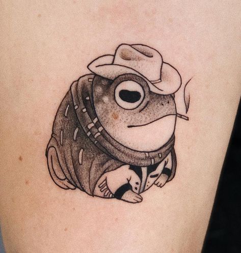 Frog In Hat Tattoo, Animals With Hats Tattoo, Frog Tattoo Funny, Cowboy Frog Tattoo Matching, Raccoon With Cowboy Hat Tattoo, Cowboy Animal Tattoo, Cowboy Raccoon Tattoo, Frog With Mushroom Hat Tattoo, Frog With Cowboy Hat Tattoo