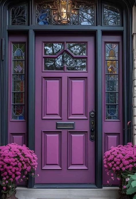 Blue House With Purple Door, Blue And Purple House Exterior, Plum Front Door Colors, Goth Front Door, Black House Purple Door, Maximalist Porch, Purple Doors Front House, Plum Front Door, Purple House Exterior