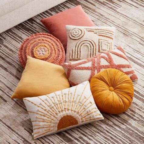 Tufted Embellished Sunrise Lumbar Pillow | World Market Boho Room Pillows, Cheap Boho Bedding, Bedroom Accessories Decor Luxury, Sunrise Decorating Ideas, Yellow And Coral Bedroom, Modern Boho Throw Pillows, Throw Pillow Ideas For Bed, Boho Chic Pillows, Boho Throw Pillows Bedroom