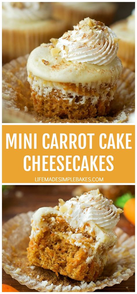 Tender, spiced carrot cake swirled with rich vanilla cheesecake. These mini carrot cake cheesecakes are the best of both worlds! #minicarrotcakecheesecakes #cheesecakes #carrotcake #minidesserts #dessert Carrot Cheesecake, Spiced Carrot Cake, Mini Carrot Cake, Carrot Spice Cake, Spiced Carrots, Carrot Cake Cheesecake, Mini Carrots, Cake Cheesecake, Vanilla Cheesecake