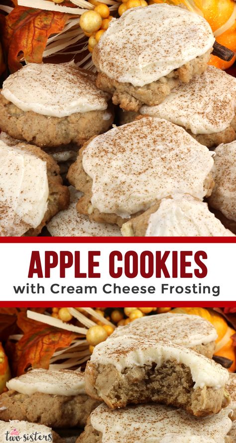 Apple Cookies with Cream Cheese Frosting are the perfect Fall Cookies and a wonderful choice for a Christmas Cookie Exchange. This cookie tastes just like Apple Pie which makes it a great Thanksgiving Dessert idea. And with the delicious frosting they will look beautiful on your Christmas Dessert Table. Pin this delicious cookie recipe for later and follow us for more great Christmas Food ideas. Cookie Recipes Winter, Friendsgiving Food Ideas Dessert, Christmas Baked Goods Recipes, Friendsgiving Dessert Ideas, Cookies With Cream Cheese Frosting, Christmas Food Ideas, Christmas Dessert Recipes, Cookies With Cream Cheese, Christmas Dessert Table