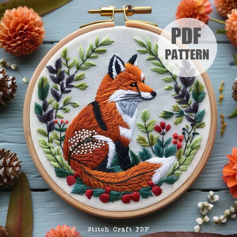 Woodland Fox hand embroidery, embroidery pattern, Fox pattern, Digital file, PDF Pattern, Embroidery DIY Project, Instant Download, Hoop Art by StitchCraftPDF on Etsy Embroidery Fox Pattern, Fox Embroidery Pattern, Pdf Pattern Embroidery, Woodland Fox, Diy Broderie, Embroidery Diy, Fox Embroidery, Diy Embroidery Patterns, Fox Pattern