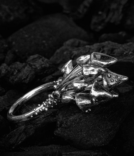 Unique mushroom ring. Cast in solid sterling silver from the handcrafted wax model using lost wax casting. One of a kind #nattjewellery #mushroomring #mushroomjewelry #silverring #oneofakindring #forestring #witchring #gothwitch #gothicring Cluster Of Mushrooms, Black Cat Superstition, Wax Design, Cast Rings, Witch Rings, Mushroom Ring, Gorgeous Rings, Unique Silver Rings, Mushroom Jewelry