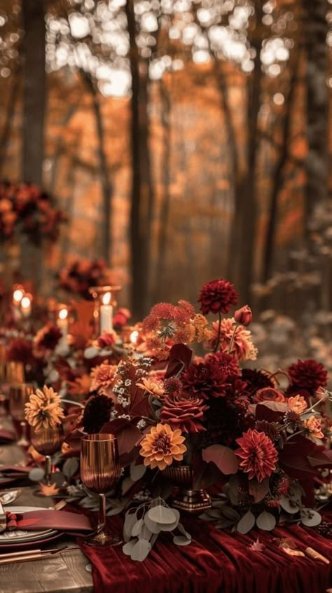 Cozy Fall Wedding Receptions, Eggplant Wedding Colors Fall, Maroon And Copper Wedding, Dried Flowers Fall Wedding, Plum Orange Wedding, Fall Witchy Wedding, Dark Fall Wedding Centerpieces, Dark Autumn Wedding Aesthetic, Fall Wedding Pumpkins Decorations