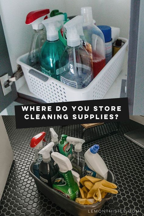 Where Do You Keep Cleaning Supplies? Cleaning Bucket Supplies, Cleaning Items Storage, Clean Supplies Organization, Cleaning Product Storage Ideas, Cleaning Bucket Ideas, Organizing Cleaning Supplies Closet, How To Store Cleaning Supplies, Organization For Cleaning Supplies, Cleaning Supply Cabinet