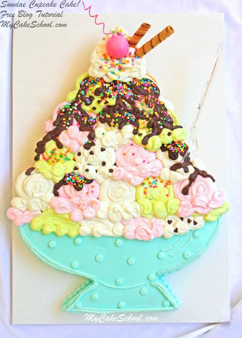 Sundae Cupcake Cake Tutorial by MyCakeSchool.com! Everyone loves this EASY step by step cupcake tutorial for summer! Online cake tutorials, recipes, and more! Cupcake Pull Apart, Pull Apart Cupcake, Sundae Cupcakes, Cupcakes Design, Pull Apart Cupcake Cake, Pull Apart Cake, Cakes To Make, Cake Pulls, Cupcake Tutorial