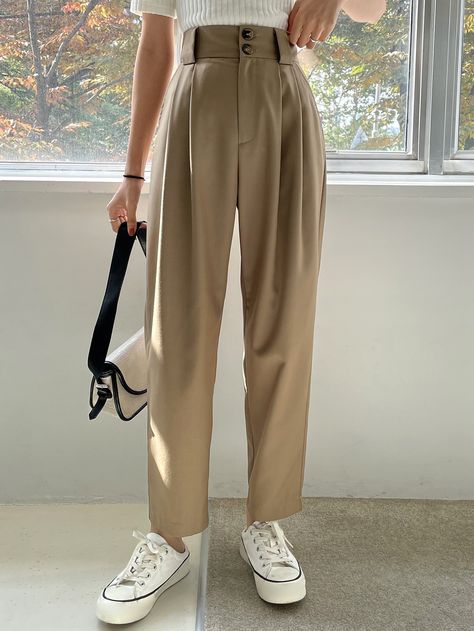 Khaki  Collar  Polyester Plain  Embellished Non-Stretch All Women Suits Women Pleated Trousers, Pleated Trousers Women High Waist, Women Suit Pants, Pant Trousers Women, Women Suits, Formal Pants, Business Pants, Office Outfit, Blazer Designs