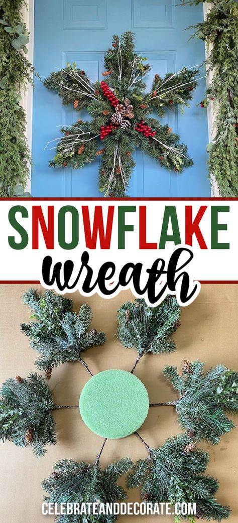 Christmas Decor Ideas Church Altar, Snowflake Door Wreath, Simple Winter Wreath, Pine Wreaths For Christmas Easy Diy, Snowflake Wreaths For Front Door, Winter Door Decorations For Home, Snowflake Christmas Wreath, Decorate Wreaths For Christmas, Dollar Tree Snowflake Wreath