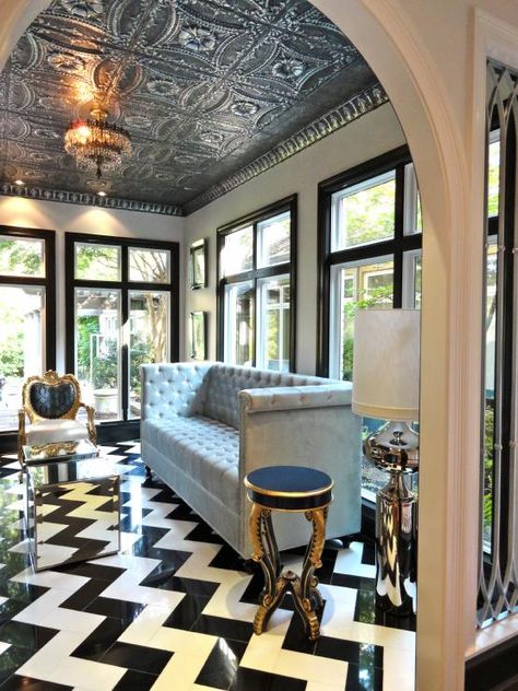 Tin Ceiling Hollywood Regency Living Room, Modern Baroque, Baroque Furniture, White Marble Floor, Chic Interior Design, Lots Of Windows, Tin Ceiling, White Floors, Chic Interior