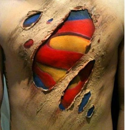 3D superman tattoo Superman Tattoos, Best 3d Tattoos, Tatoo 3d, Amazing 3d Tattoos, Superman Symbol, Optical Illusion Tattoo, Geniale Tattoos, 3d Tattoos, Painting Tattoo