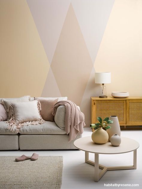 lounge, living room, feature wall, geometric painted pattern, geometric wall, pink, orange Geometric Wall Paint Living Room, Wall Paint Patterns Living Room, Wall Paint Patterns Pink, Triangle Colour Block Wall, Blue And Pink Geometric Wall, Pink Grey Geometric Wall, Geometric Triangle Wall Paint Pink, Geometric Wall Paint, Wall Paint Patterns