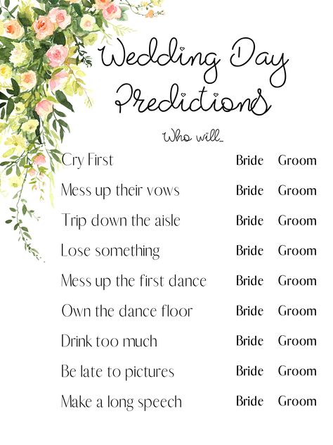 Digital download ONLY for a floral wedding/bridal shower prediction game. Play this fun prediction game at bridal showers, couples showers, rehearsal dinner, or anywhere else you are looking to celebrate the happy couple.  Refunds: There are no refunds or exchanges on printable items. Please ask us any questions before purchasing. Terms of Use: This file is for ONE personal use only ie. it is not to be used for commercial purposes. You may not copy, share, sell or distribute the file in any form. This listing includes digital files only. No physical items will be shipped. Predictions For The Wedding Game, Bridal Shower Games And Activities, Wedding Predictions Game, Cute Bridal Shower Games, Bridal Shower Elegant Classy, Love Is In Bloom Wedding Shower Ideas, Planning A Bridal Shower Checklist, Virtual Bridal Shower Games, Bridal Shower Unique Ideas