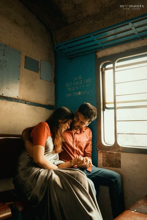 Outdoor Save The Date, Train Couple, Bengali Photoshoot, Book Cover Art Ideas, Indian Train, Train Aesthetic, Couple Shoot Ideas, Pre Wedding Photoshoot Props, Custom Cuff Bracelet