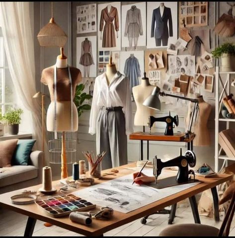 Fashion Office Interior Design, Fashion Design Room Studio, Designer Room Aesthetic, Fashion Atelier Interior, Dressmaker Aesthetic, Sewing Workshop Studio, Fashion Design Room, Fashion Designer Room, Fashion Design Studio Workspaces