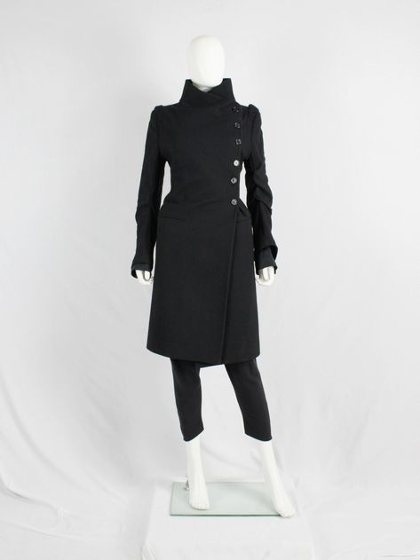 Ann Demeulemeester black long coat with asymmetric button closure Ann Demeulemeester Blazer, Ann Demeulemeester Jacket, Dirk Bikkembergs, Walter Van Beirendonck, Long Black Coat, Patti Smith, Ann Demeulemeester, Sheer Material, Vintage Designer