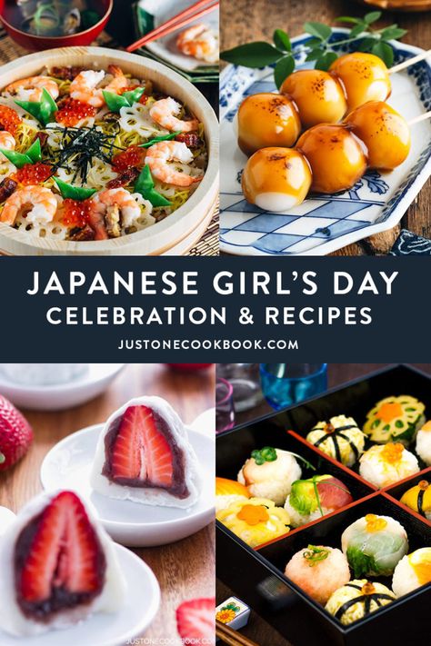 Every year on March 3rd in Japan, the Japanese celebrate Hinamatsuri – also known as Doll Festival (雛祭り) or Girl’s Day - with special foods, such as chirashi sushi, clam soup, and strawberry daifuku. Read more about the tradition and recipes to make for this special day. | More Japanese Food & Culture at JustOneCookbook.com #japanesefood #japantravel #japanculture Japanese Celebration Food, Cultural Food Recipes, Japanese Festival Food, Clam Soup, Chirashi Sushi, Strawberry Daifuku, Japanese New Year Food, Japanese Meals, Cultural Food