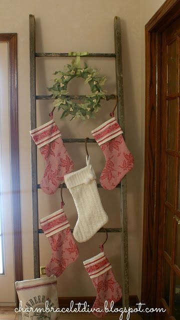 Hanging Stockings Without A Fireplace Mantels, How To Display Stockings With No Fireplace, How To Display Christmas Stockings Without A Fireplace, Large Family Stocking Hanging Ideas, Christmas Stocking Hangers Diy, Christmas Stocking Ladder Ideas, Hanging Christmas Stocking Ideas, Hang Christmas Stockings Without Mantle, Stocking Ladder Christmas