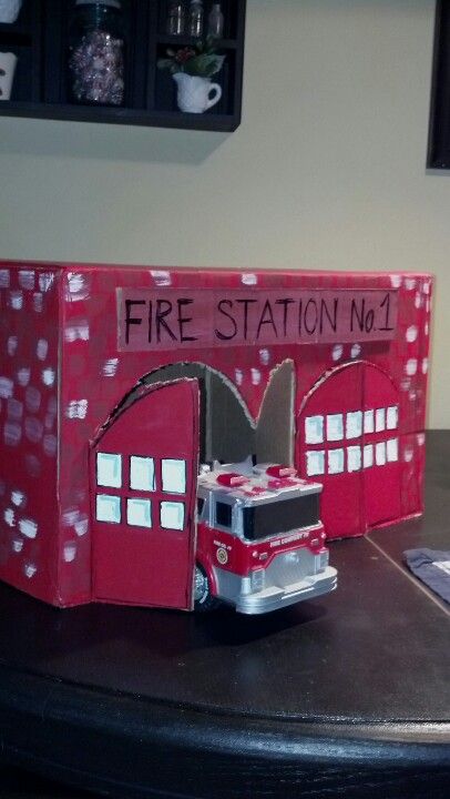 Firestation from box Diy Firestation, Daycare Setup, Shoe Box Crafts, September Crafts, Christmas Village Display, Fall Crafts For Kids, Toddler Play, Building For Kids, Valentine Box