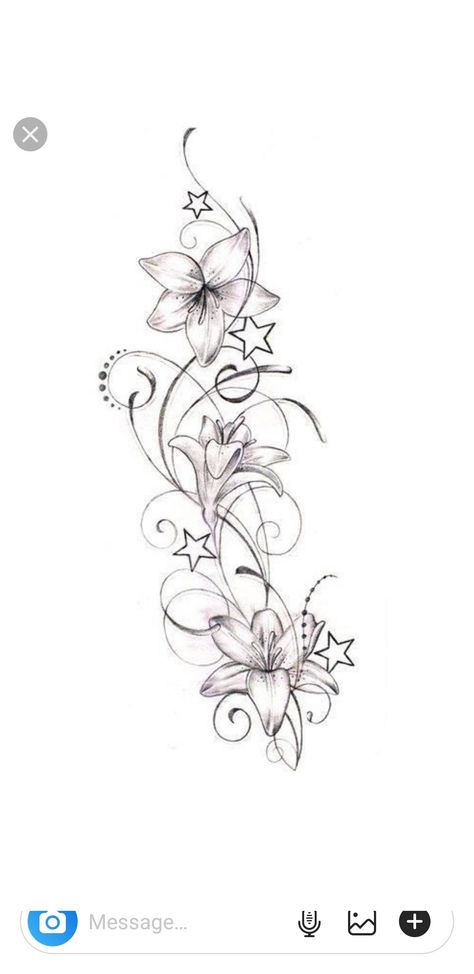 Josh Cute Tattoo Stencils For Women, Tattoo Ideas Hip Thigh Piece, Flowers And Stars Tattoos, Top Arm Tattoos For Women, Floral Side Tattoos Women, Star Flower Tattoo, Stargazer Tattoo, Floral Vine Tattoos, Flower Vine Tattoos