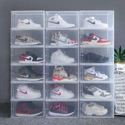 Rebrilliant Waytrim 4 Pair Foldable Stackable Shoe Box | Wayfair Clear Shoe Boxes Storage, Shoe Drawer, Shoe Box Storage, Shoe Storage Box, Shoe Containers, Sneaker Displays, Sneaker Storage, Stackable Shoe Rack, Perfectly Organized