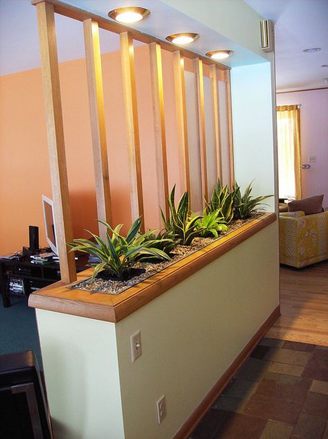 LOVE this. Half Wall Room Divider, Indoor Planter Box, Planter Box Designs, Diy Planters Indoor, Brick Planter, Room Partition Wall, Tree Bed, Pot Decor, Property Ideas