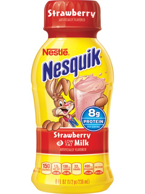 Nesquik Strawberry, Nesquik Chocolate Milk, Strawberry Nesquik, Milk Strawberry, Smoothie Shop, Flavored Milk, Flavored Drinks, 100 Calories, Strawberry Milk