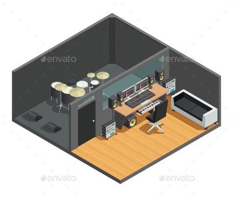 Isometric Interior, Studio Room Design, Drums Studio, Studio Illustration, Music Room Design, Home Recording Studio Setup, Studio Floor Plans, Recording Studio Setup, Drum Room