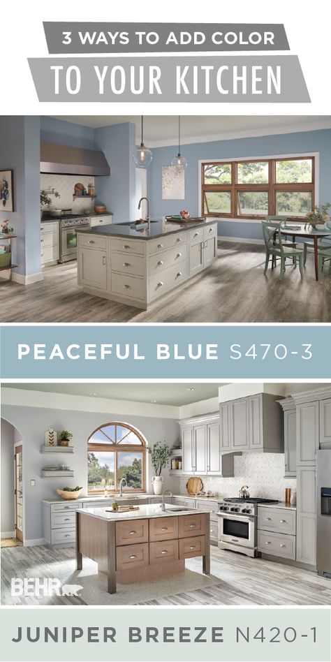 You can design the home of your dreams with a little help from these 3 ways to add color to your kitchen. BEHR Paint colors like Peaceful Blue and Juniper Breeze help to create a bright, airy style. Try pairing these modern shades with a neutral color palette to draw more natural light into your home. Check out the rest of this article to learn more. Peaceful Blue Behr Paint, Behr Peaceful Blue, Dinning Room Paint Colors, Light Blue Kitchen Walls, Teal Wall Decor, Blue Kitchen Walls, Basement Colors, Basement Paint Colors, Peaceful Blue