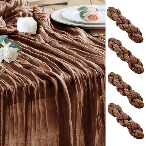 PRICES MAY VARY. 【Cheesecloth Table Runner】 You will get 4 pieces, 35" Wx120" L(10ft)length brown table runner. The boho table runner are designed with textured gauze fabric, which is not easy to fade, does not shrink, has elasticity, and its length is enough to span a large table. 【Soft to Touch】 The soft gauze table runner is sheer cheesecloth fabric, feel lightweight, soft to touch, persistent and durable. when used on a dining table, it can sway with the wind, creating a romantic atmosphere. Baby Shower At Restaurant, Cheese Cloth Table Runner, Cloth Table Runner, Cheesecloth Table Runner, Easter Table Decor, Dark Wood Table, Thanksgiving Table Runner, Rustic Table Runners, Boho Table Runner